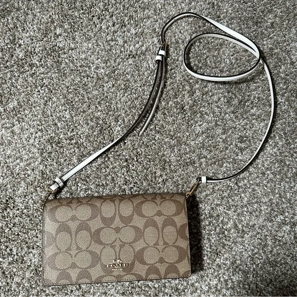 Coach Signature Khaki Chalk Coated Canvas Foldover clutch Crossbody Bag
